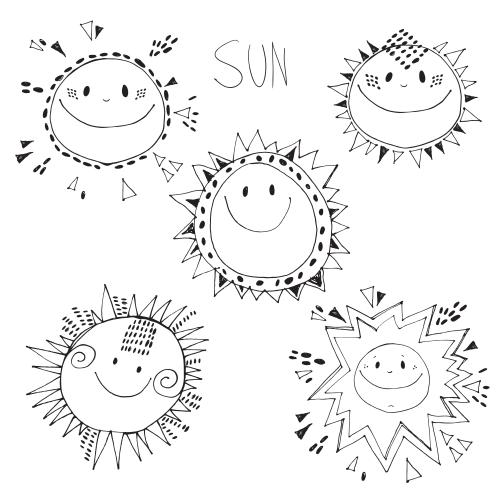 Illustration cartoonish sunshines variations on white
