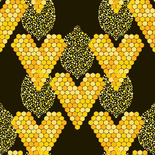 Honeycombs. Vector honeycomb hearts and decorative lemons on black