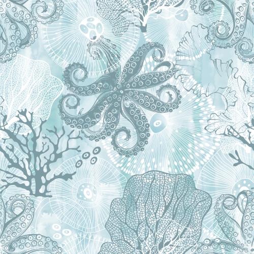 Vector image octopuses abstract sea creatures seaweed corals on a blue watercolor