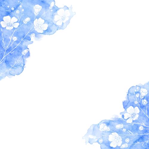 Flax. Vector white silhouettes of flax flowers on a blue watercolor, space for text on white, corner composition