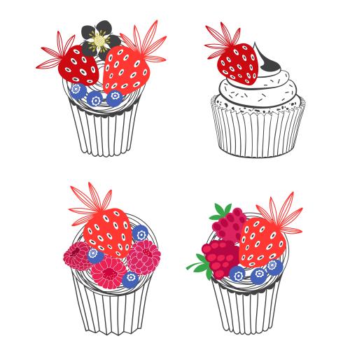 Bilberry. Vector muffins with berries: raspberries, strawberries and blueberries on white