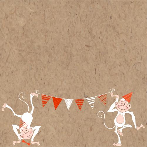 Birthday. Vector two happy monkeys with a garland, space for text on craft