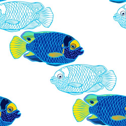 Vector image blue fish angels colorful silhouettes and contours on white