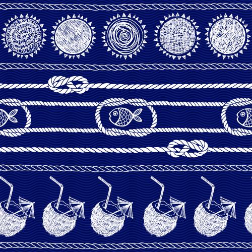 Sea rope. Vector sun ropes with sea knots fish coconut cocktails on blue waves