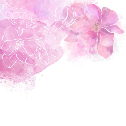 Raster image magnolias on pink watercolor, space for text on white