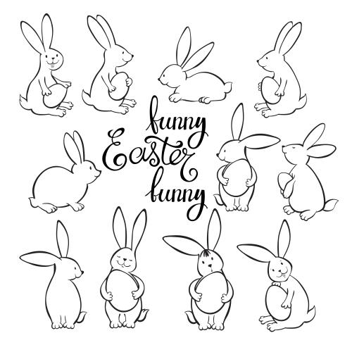 Vector image cartoon rabbits with easter eggs, easter text, black outlines on white