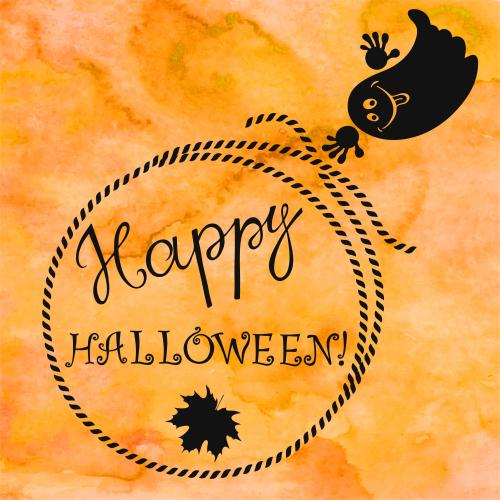 Halloween. Vector round rope frame, cute ghost, happy halloween text on watercolor orange