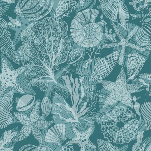 Nautilus. Vector sea stars, shells, nautilus, sea urchin, corals, algae on emerald