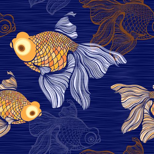Vector image fish silhouettes and contours waves on blue