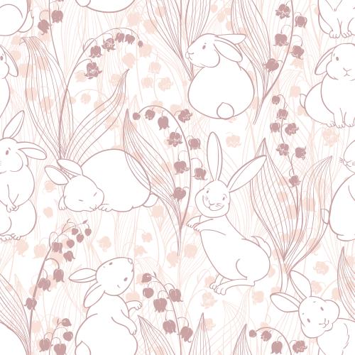 Illustration cute white bunnies and lilies of the valley on white