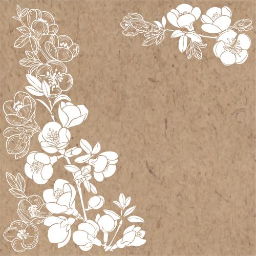 Japanese quince. Vector japanese loquat, branches with flowers, white silhouettes, contours and a place for text on craft