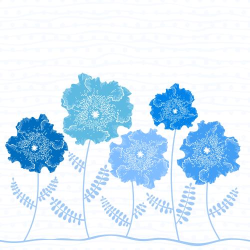 Illustration abstract flowers in various shades of blue on striped checkered