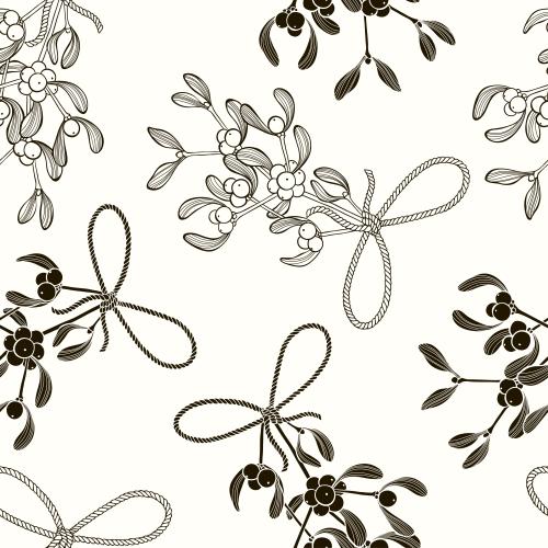 Bow. Vector mistletoe branches with a bow, black contours and silhouettes on white