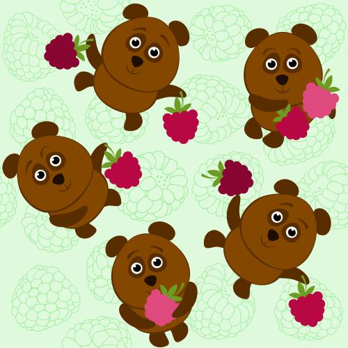 Berry. Vector cute cartoonish bears with raspberry berries on green