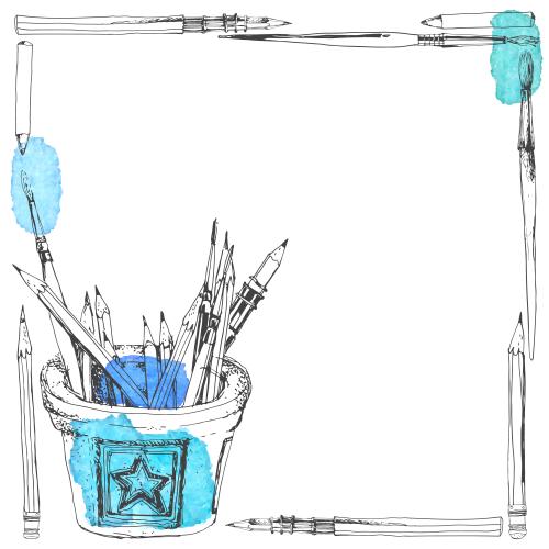 Vector image crayons brushes pencil case with art supplies watercolor fragments text area on white sketch