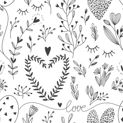 Illustration hearts and flowers in doodle style romantic on white