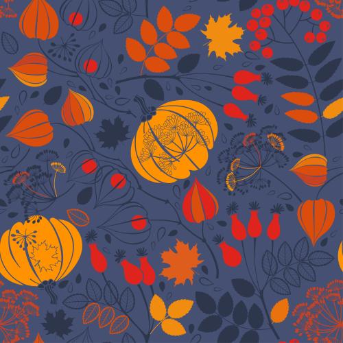 Dill. Vector pumpkins autumn berries flowers and plants on blue
