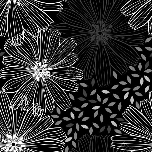 Vector image lace white and gray flowers, leaves on black