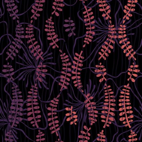 Vector image abstract flowers, leaves and vertical wavy stripes on black