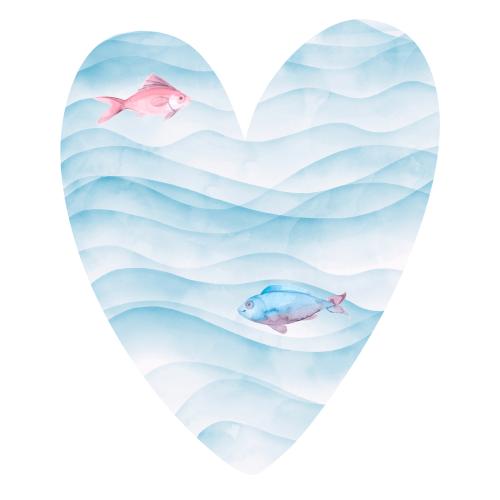 Raster image watercolor fish on waves, composition in the shape of a heart on white