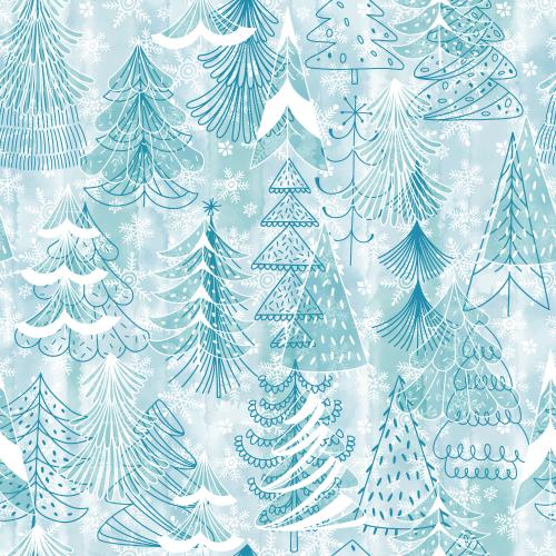 Vector image stylized tree shapes, snowflakes on blue watercolor