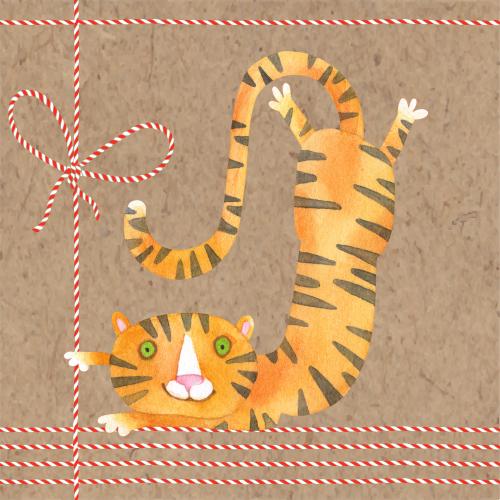 Raster image watercolor cartoon tiger cub festive ribbons with a bow on craft