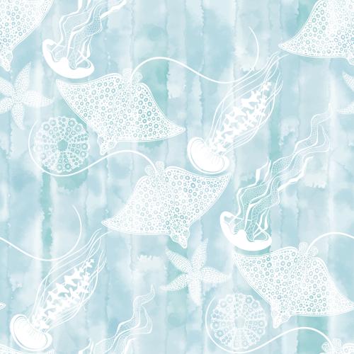 Female. Vector rays jellies sea stars sea urchins white silhouettes on blue watercolor