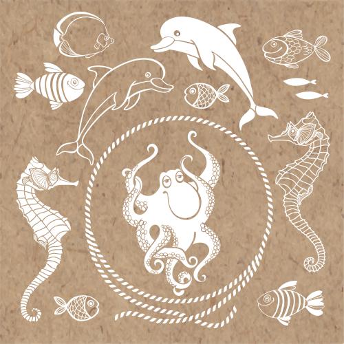 Octopus. Vector round rope frame dolphins fish seahorses octopus on craft