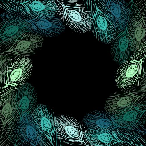 Peacock feather. Vector round frame of colorful peacock feathers on black