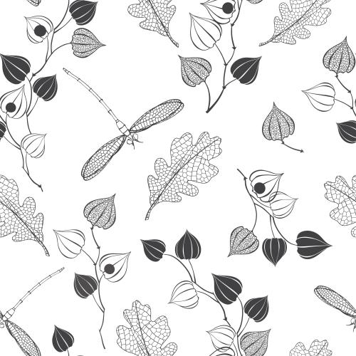Autumn. Vector physalis, oak leaves and dragonflies on white