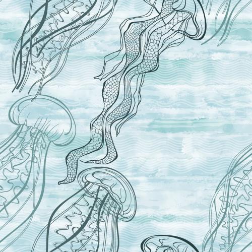 Jellyfish. Vector jellyfish waves on blue watercolor