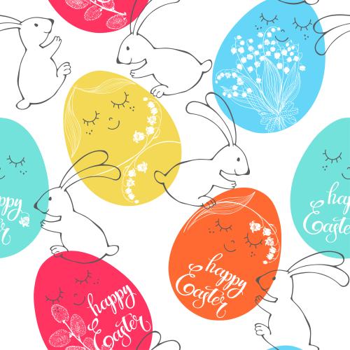 Vector image multicolored cartoonish easter eggs with lilies of the valley willow happy easter inscriptions and cute rabbits on white