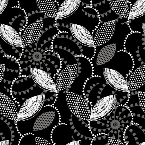 Vector image white abstract leaves and gray flowers on black
