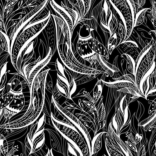 Illustration fantasy flowers stylized little birds on black