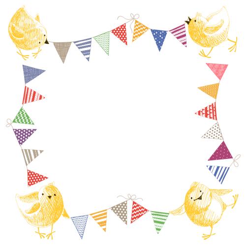 Chick. Vector square frame with cartoonish chicks and garlands of flags on white