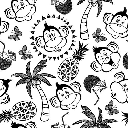 Sun. Vector cute monkey faces, palm trees, pineapples, coconut cocktails, butterflies on white