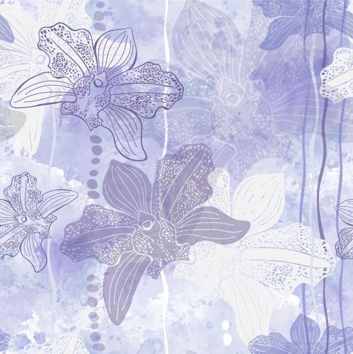 Vector image orchids wavy lines decorative elements on purple watercolor