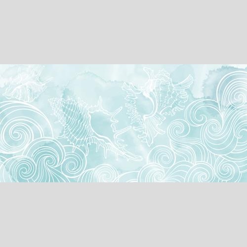 Illustration decorative waves and shells on blue watercolor