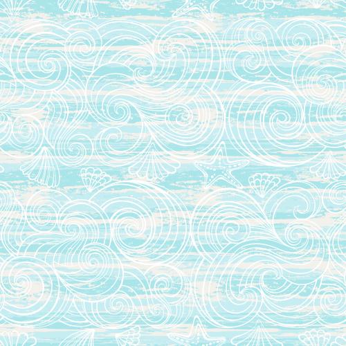 Shell. Vector waves shells sea stars on textured turquoise