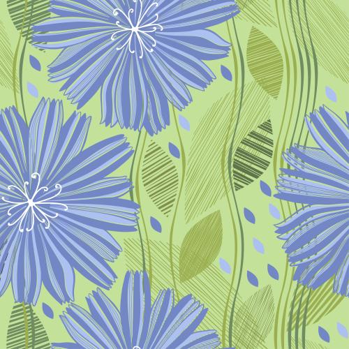 Chicory. Vector stylized dandelion flowers leaves vertical wavy lines on green