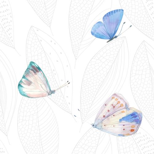 Raster image watercolor butterflies, lace leaves on white