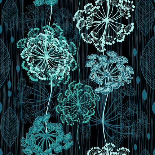 Floral. Vector abstract umbrella-shaped flowers leaves vertical lines on black
